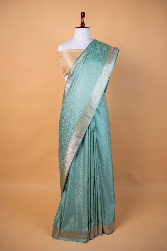 Banarasi Sky Blue Mashru Silk Saree with Silver Zari Floral Weaving