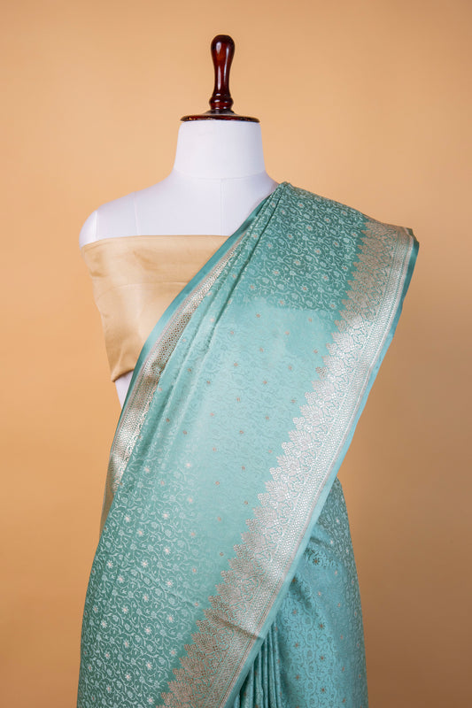 Banarasi Sky Blue Mashru Silk Saree with Silver Zari Floral Weaving