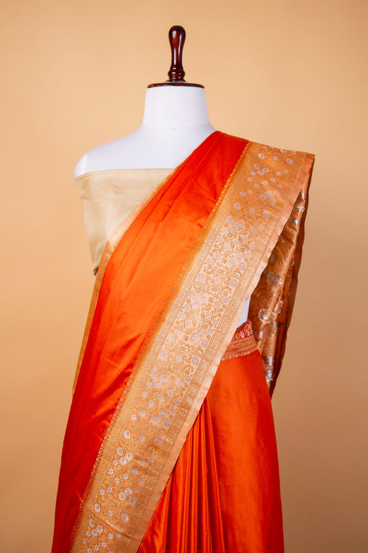 Banarasi Vibrant Orange Mashru Silk Saree with Gold Zari Border