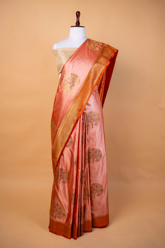 Banarasi Peach Pink Mashru Silk Saree with Meena Tree Motif & Gold Zari Border