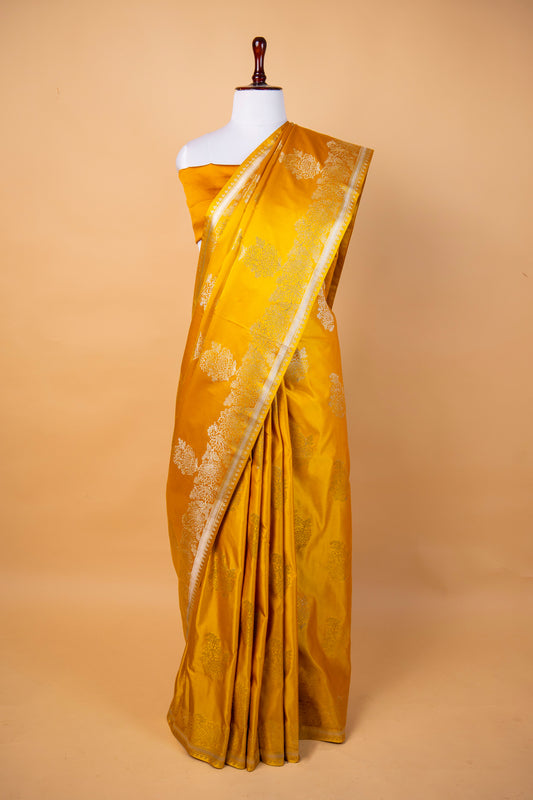 Banarasi Mustard Yellow Mashru Silk Saree with Silver Floral Weaving