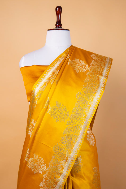 Banarasi Mustard Yellow Mashru Silk Saree with Silver Floral Weaving