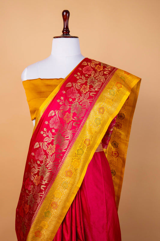 Banarasi Rani Pink Mashru Silk Saree with Floral Woven Pallu & Golden Zari Border