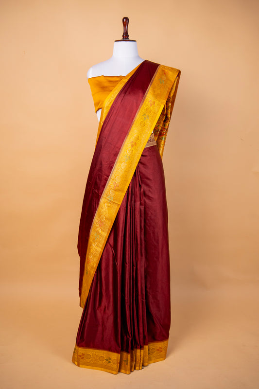 Banarasi Maroon Mashru Silk Saree with Golden Meenakari Zari Border