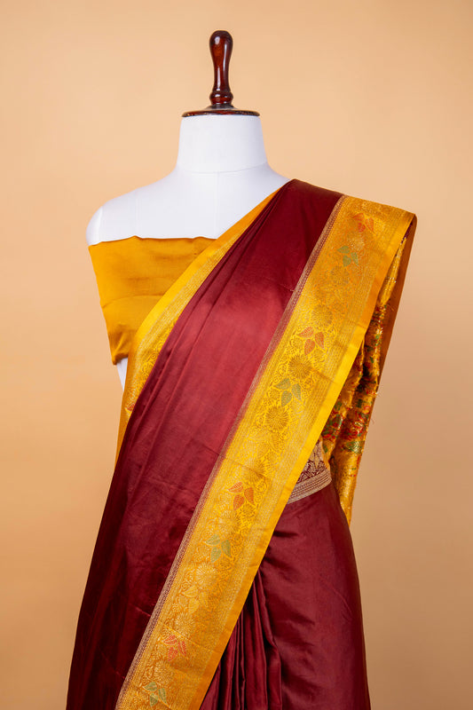 Banarasi Maroon Mashru Silk Saree with Golden Meenakari Zari Border