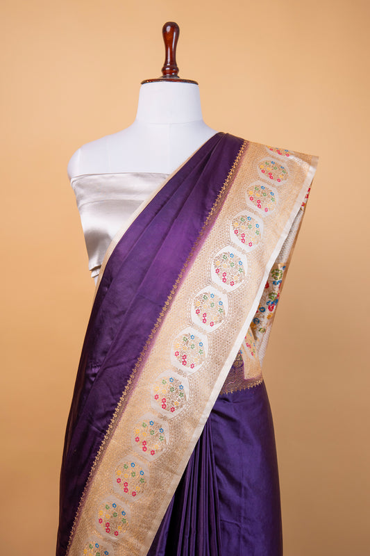 Banarasi Royal Purple Mashru Silk Saree with Meenakari Floral Border