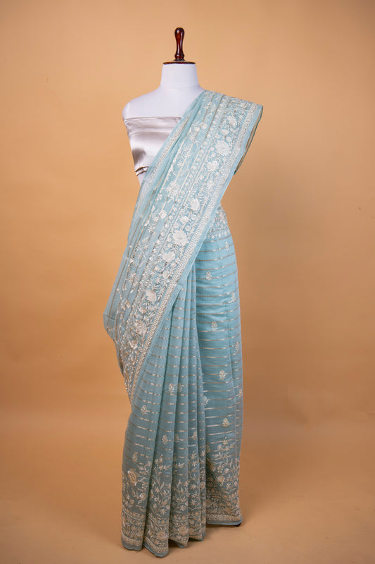 Banarasi Sky Blue Mulmul Cotton Silk Saree with Elegant White Floral Embroidery