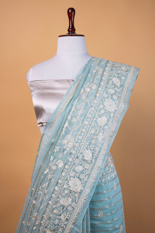 Banarasi Sky Blue Mulmul Cotton Silk Saree with Elegant White Floral Embroidery