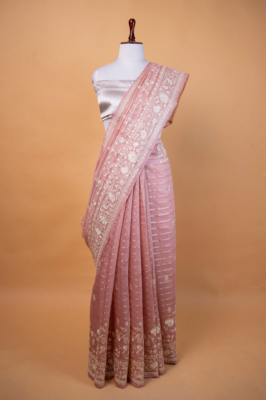 Banarasi Blush Pink Mulmul Cotton Silk Saree with White Floral Embroidery