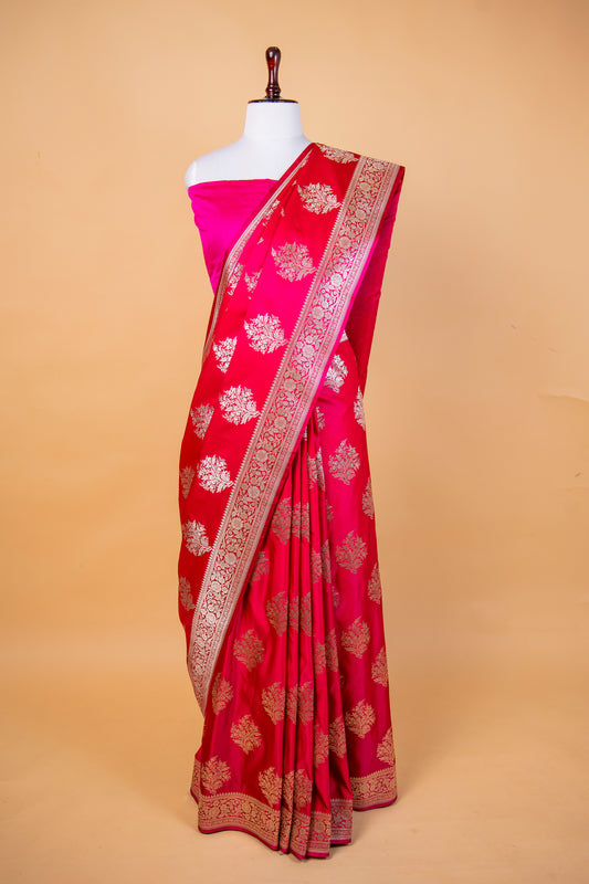 Banarasi Red Pure Banarasi Mashru Silk Saree with Silver Zari Floral Buti