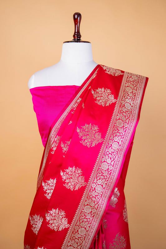 Banarasi Red Pure Banarasi Mashru Silk Saree with Silver Zari Floral Buti
