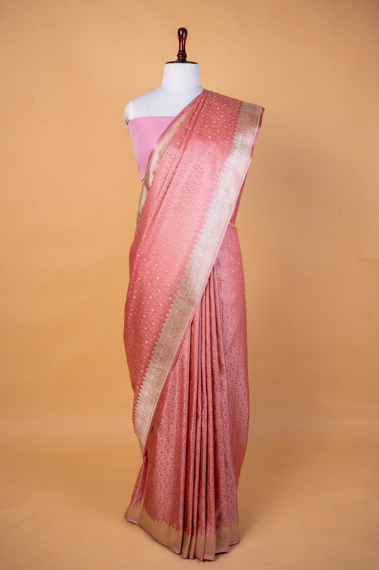 Banarasi Blush Pink Mashru Silk Saree with Silver Zari Floral Weaving