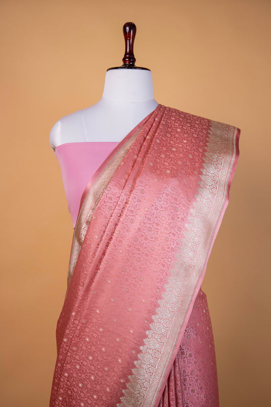 Banarasi Blush Pink Mashru Silk Saree with Silver Zari Floral Weaving