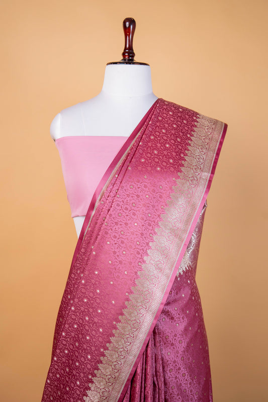 Banarasi Dark copper Pink Mashru Silk Saree with Silver Zari Floral Weaving