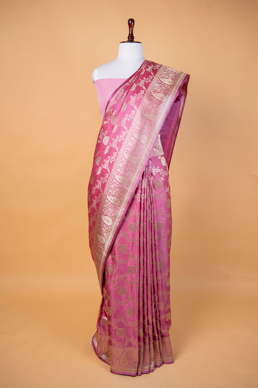 Banarasi Pink Mashru Silk Saree with Traditional Banarasi Floral Zari Weaving