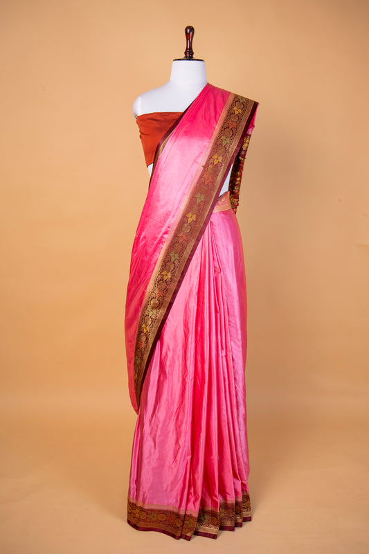 Banarasi Radiant Pink Mashru Silk Saree with Antique Gold Floral Border