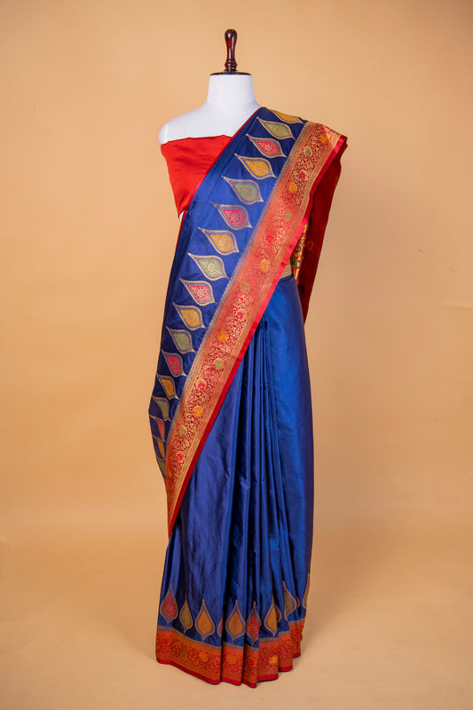 Banarasi Royal Blue Mashru Silk Saree with Multicolor Leaf Motifs & Zari Border