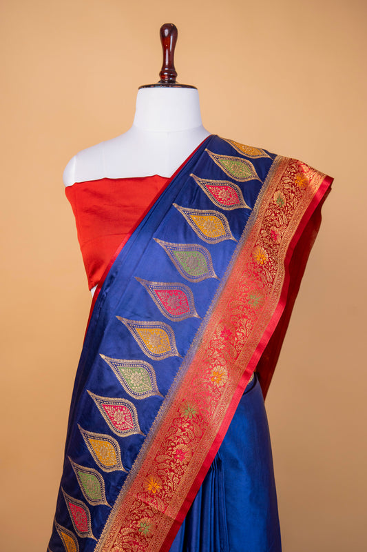 Banarasi Royal Blue Mashru Silk Saree with Multicolor Leaf Motifs & Zari Border