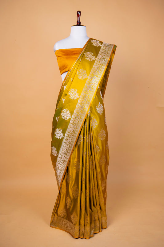 Banarasi Royal Mustard Mashru Silk Saree with Silver Zari Floral Buttas