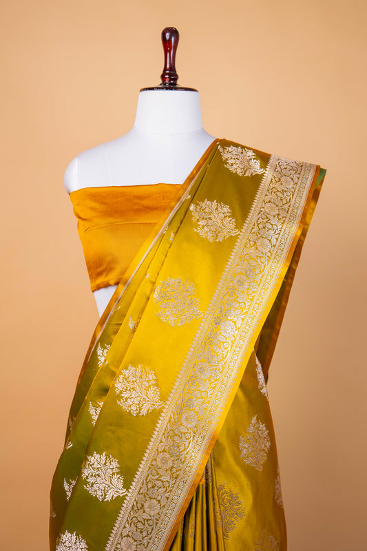 Banarasi Royal Mustard Mashru Silk Saree with Silver Zari Floral Buttas