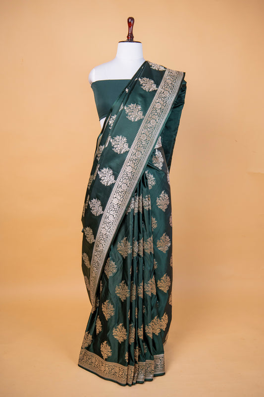Banarasi Deep Green Pure Banarasi Mashru Silk Saree with Silver Floral Weaving