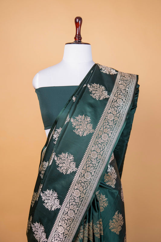 Banarasi Deep Green Pure Banarasi Mashru Silk Saree with Silver Floral Weaving