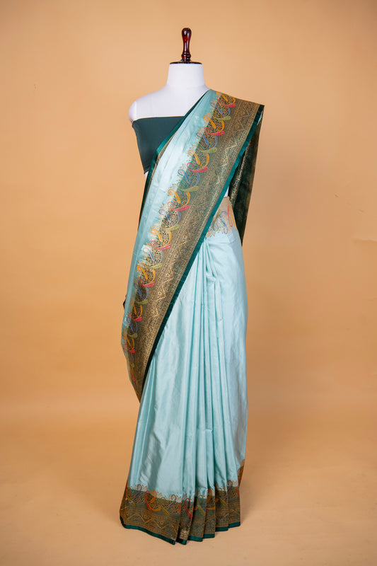 Banarasi Sky Blue Mashru Silk Saree with Multicolour Paisley Zari Border