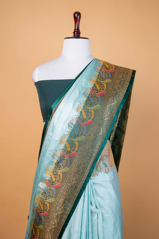 Banarasi Sky Blue Mashru Silk Saree with Multicolour Paisley Zari Border