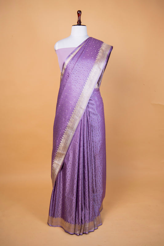 Banarasi Lavender Mashru Silk Saree with Silver Zari Floral Weave