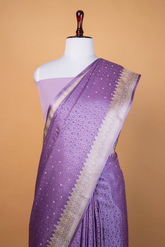 Banarasi Lavender Mashru Silk Saree with Silver Zari Floral Weave