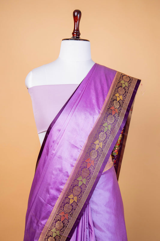Banarasi Radiant Lavender Mashru Silk Saree with Antique Purple Floral Border