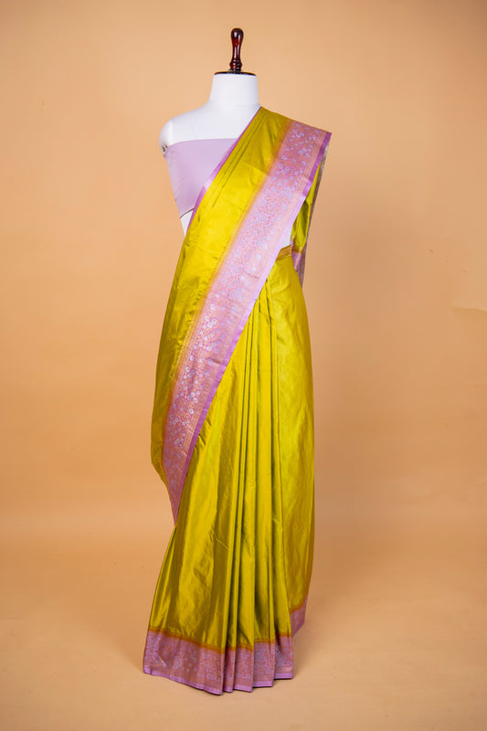 Banarasi Olive Green  Mashru Silk Saree with Traditional Contrast Border
