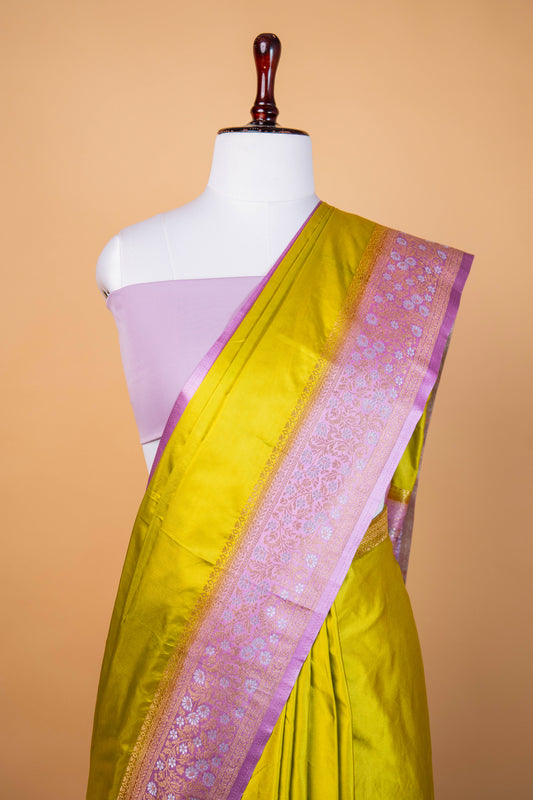 Banarasi Olive Green  Mashru Silk Saree with Traditional Contrast Border