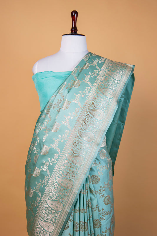 Banarasi Aqua Green Pure Banarasi Mashru Silk Saree with Silver Zari Work