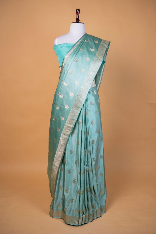 Banarasi Aqua Green Pure Banarasi Mashru Silk Saree with Woven Buttis and Contrast Pallu