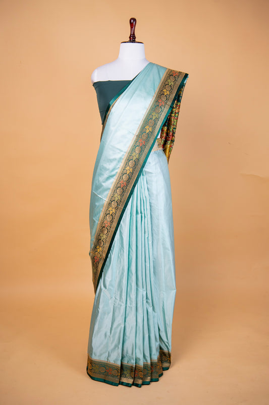 Banarasi Aqua Blue Mashru Silk Saree with Antique Dark Green Floral Border