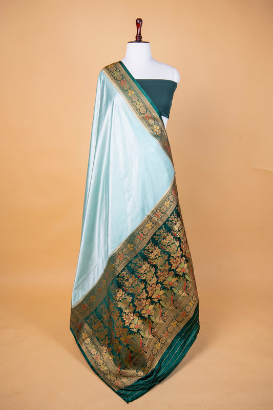 Banarasi Aqua Blue Mashru Silk Saree with Antique Dark Green Floral Border