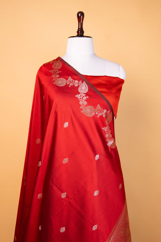 Banarasi Elegant Dusty Red Paper Silk Saree with Floral Embroidered Border