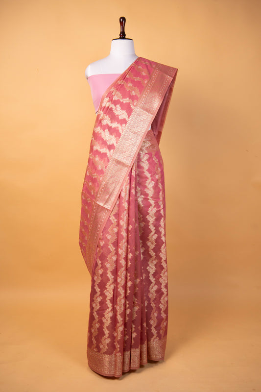 Banarasi Blush Pink Pure Cotton Silk Saree with Silver Zari Floral Weaves