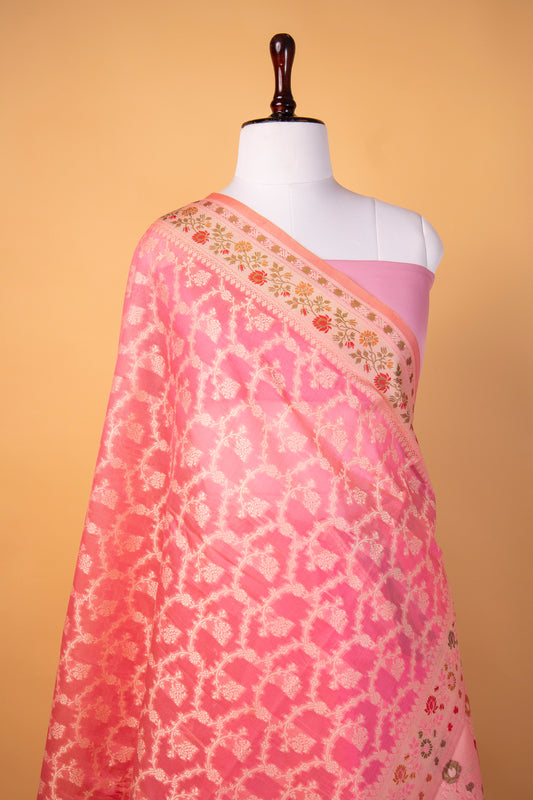 Banarasi Candy Pink Pure Cotton Silk Saree with Floral Border & Silver Zari Jaal Weaving