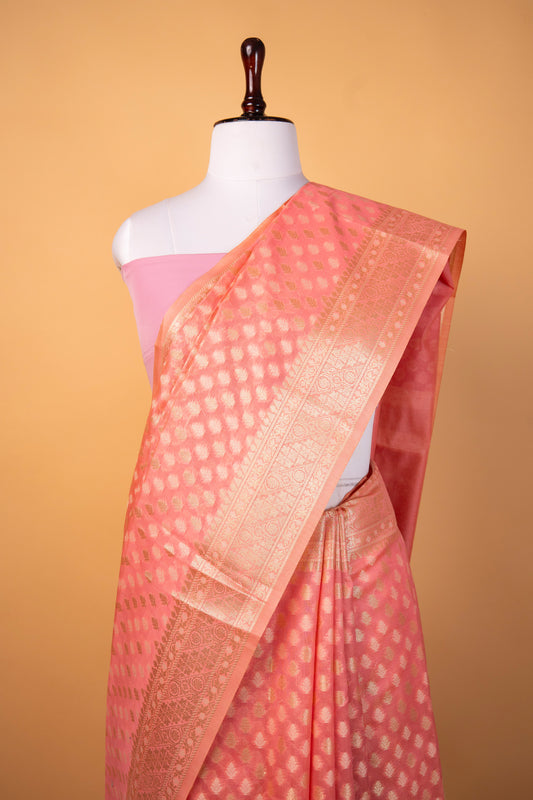Banarasi Blush Pink Pure Cotton Silk Saree with Silver Zari Floral Weaves