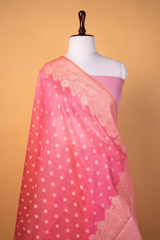 Banarasi Blush Pink Pure Cotton Silk Saree with Silver Zari Floral Weaves