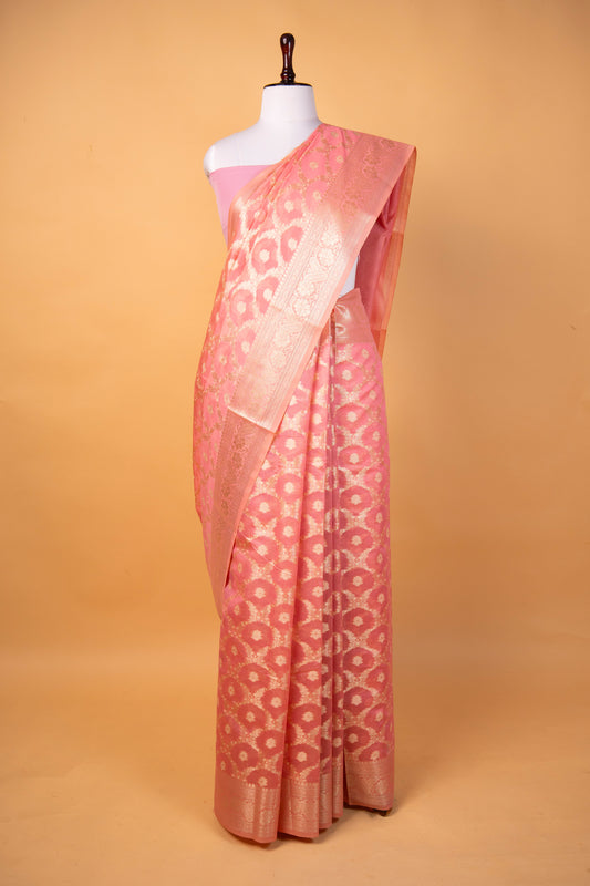Banarasi Blush Pink Pure Cotton Silk Saree with Silver Zari Floral Weaves
