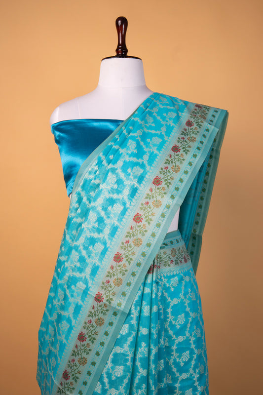 Banarasi Candy Sky Blue Pure Cotton Silk Saree with Floral Border & Silver Zari Jaal Weaving