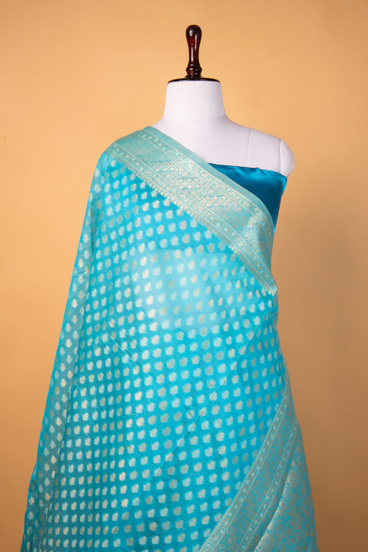 Banarasi Sky Blue Pure Cotton Silk Saree with Silver Zari Floral Weaves