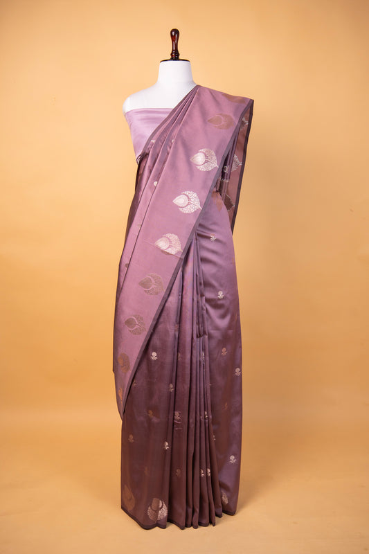 Banarasi Rose Pink Paper Silk Saree with Golden Floral Zari Work