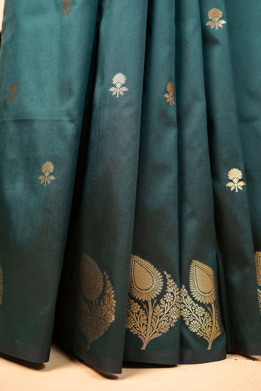 Banarasi Dark Green Paper Silk Saree with Golden Floral Zari Work