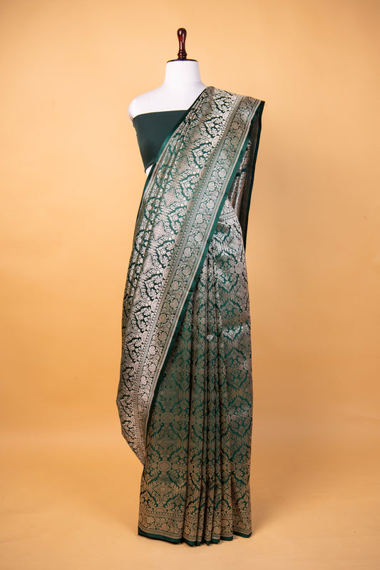 Banarasi Bottel Green Pure Banarasi Mashru Silk Saree with Rich Zari Weave.