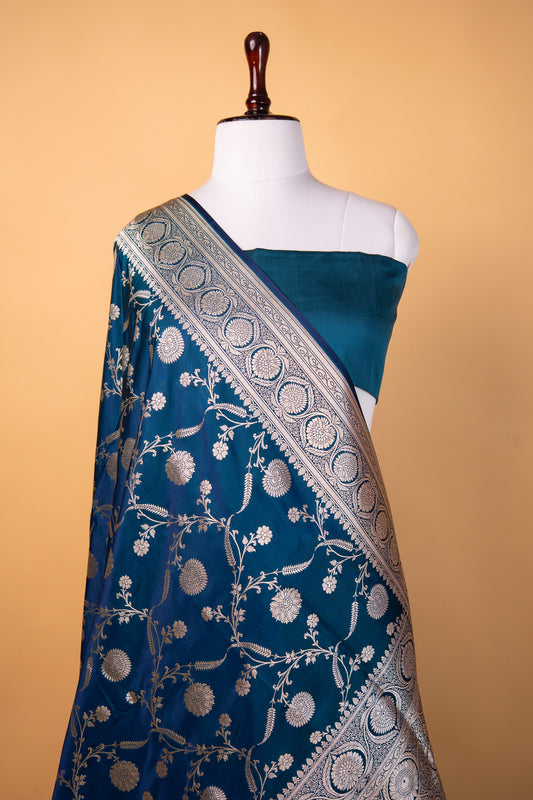 Banarasi Teal Blue Pure Banarasi Mashru Silk Saree with Silver Zari Work
