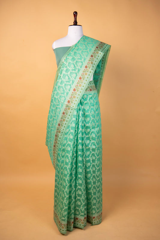 Banarasi Candy Pista Pure Cotton Silk Saree with Floral Border & Silver Zari Jaal Weaving